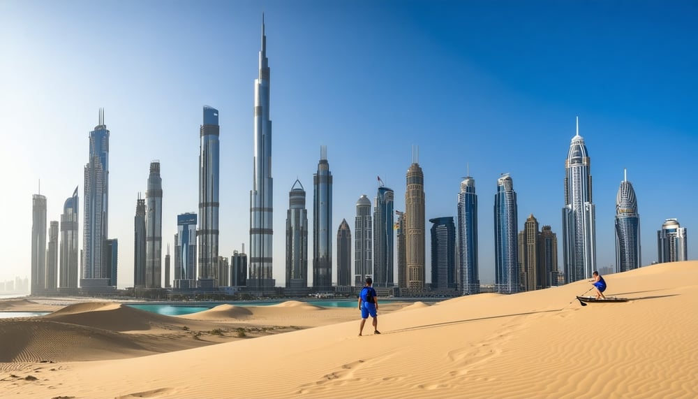 Dubai skyline with Burj Khalifa and desert adventure