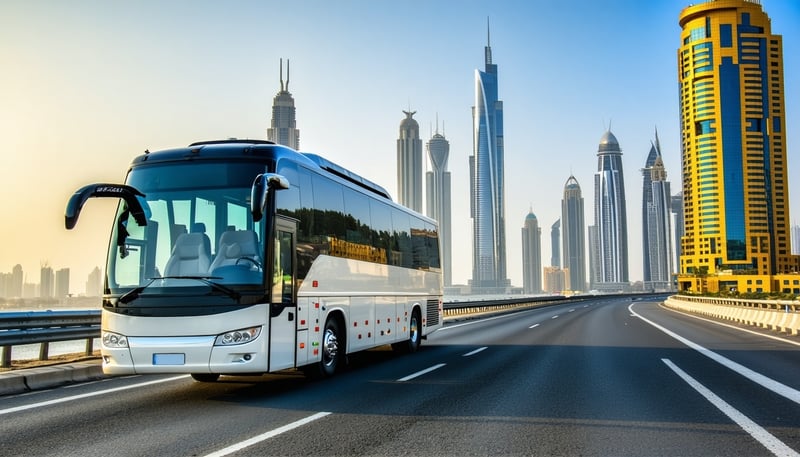 Luxury tour bus on a Dubai highway with city skyline in the background